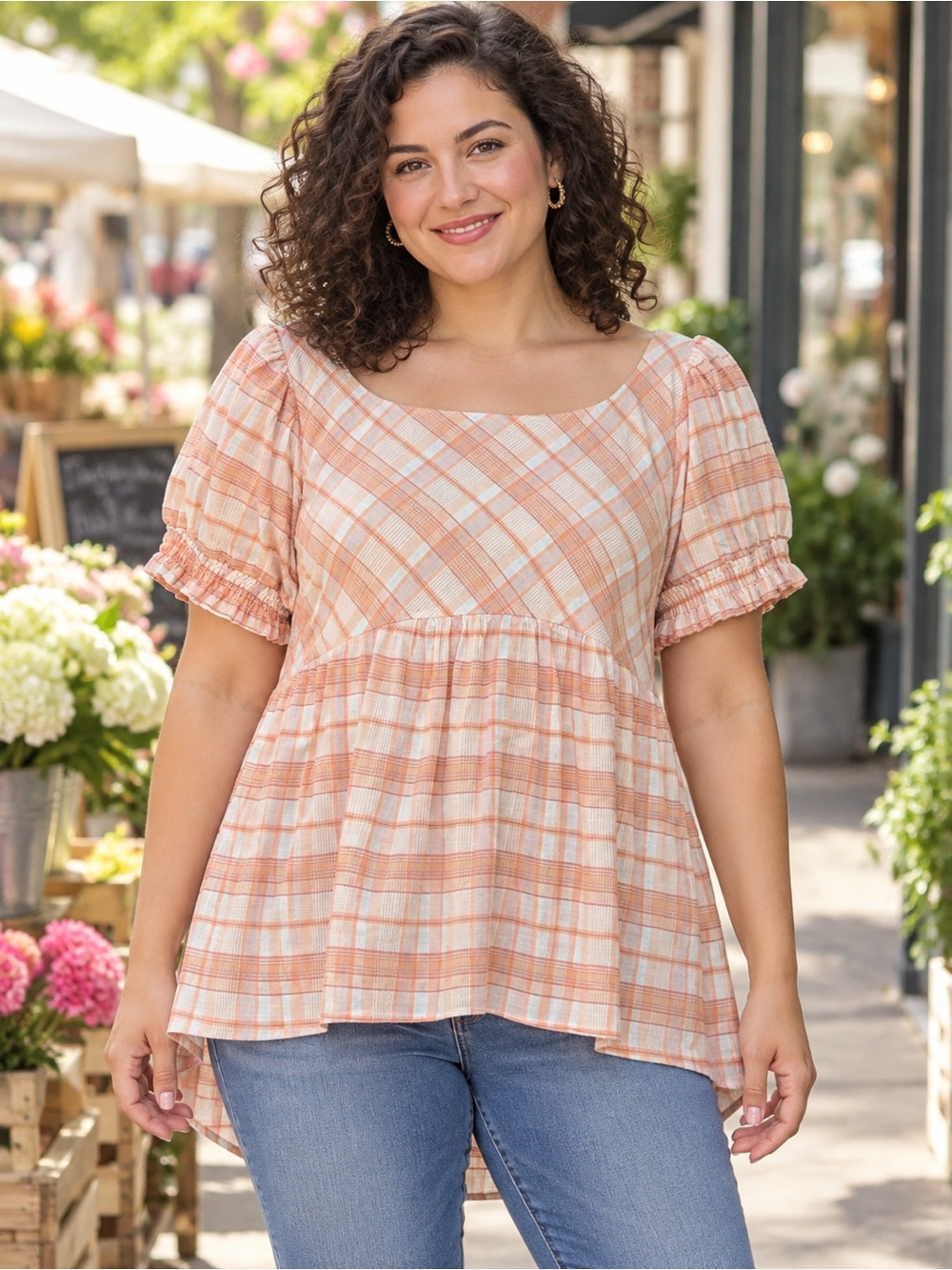 Umgee Peach and White Plaid Puff-Sleeve Peplum Top